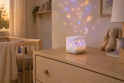 Petit projecteur galaxie blanc posé sur une commode en bois clair dans une chambre de bébé