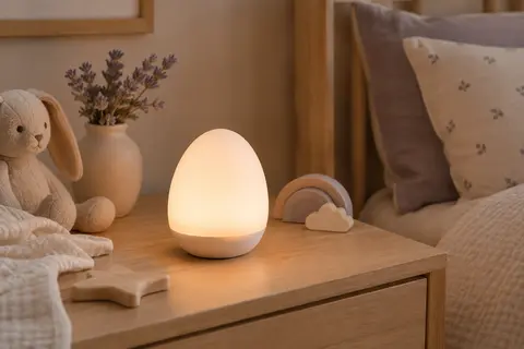 Veilleuse bébé blanche en forme d’œuf posée sur une table de chevet en bois clair