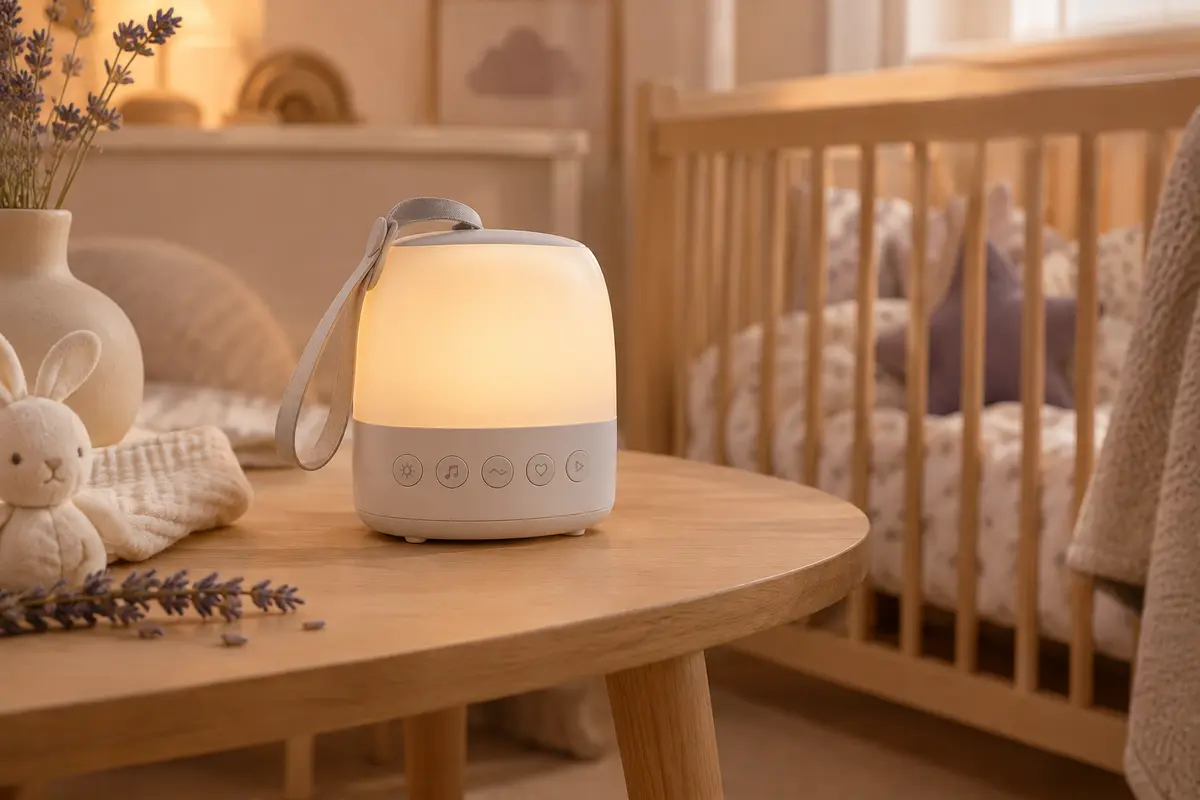 Veilleuse sonore portable blanche Glocusent posée sur un meuble en bois clair dans une chambre de bébé