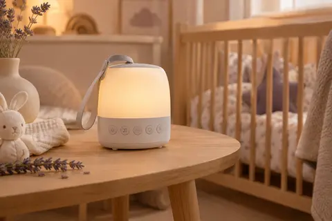 Veilleuse sonore portable blanche Glocusent posée sur un meuble en bois clair dans une chambre de bébé