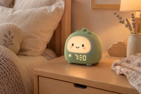 Réveil veilleuse vert pour enfant posé sur une table de chevet en bois clair dans une chambre apaisante