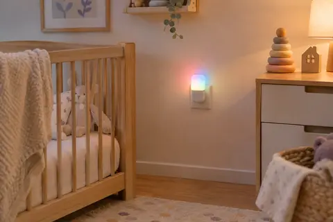 Veilleuse LED Hama à couleurs changeantes branchée au mur dans une chambre de bébé apaisante