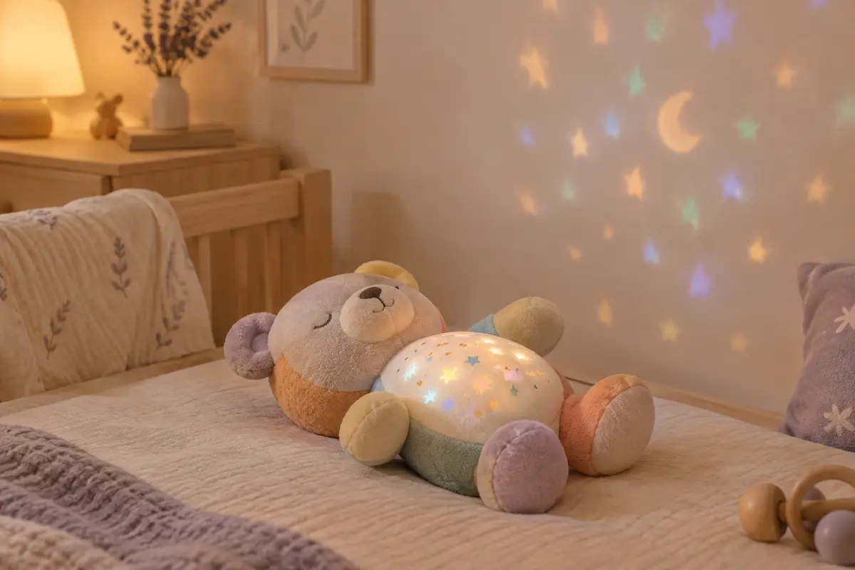 Peluche veilleuse ours en coton dans une chambre de bébé, ventre orienté vers le plafond pour projeter la lumière.