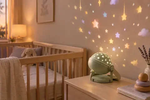 Veilleuse projecteur vert sauge à bras réglable, posée dans une chambre de bébé avec des étoiles au mur.