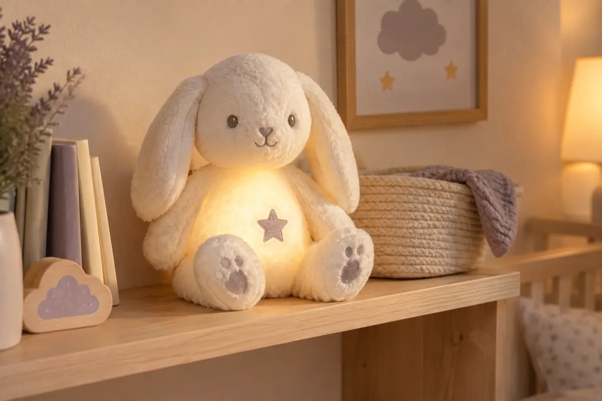 Peluche veilleuse T’Choupi blanche posée sur une étagère en bois clair dans une chambre de bébé.