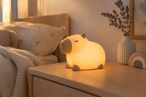 Veilleuse rechargeable en forme de capybara, posée sur une table de chevet dans une chambre de bébé.