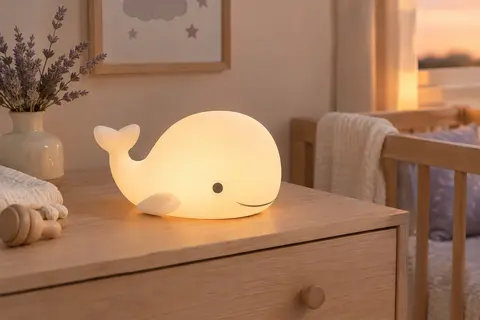 Veilleuse rechargeable en forme de baleine posée sur une commode en bois clair dans une chambre apaisante
