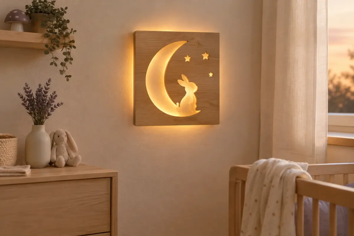Veilleuse en bois en forme de lapin sur la lune, éclairée par une lumière LED douce dans une chambre de bébé.