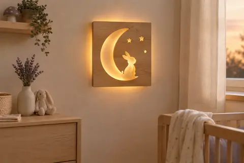 Veilleuse en bois en forme de lapin sur la lune, éclairée par une lumière LED douce dans une chambre de bébé.