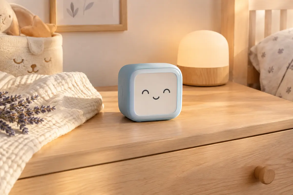 Réveil éducatif Mella bleu arctique posé sur une commode en bois clair dans une chambre de bébé.