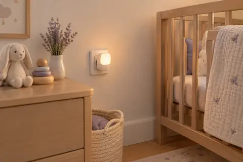 Veilleuse blanche compacte à prise pliable branchée dans une chambre de bébé aux tons doux