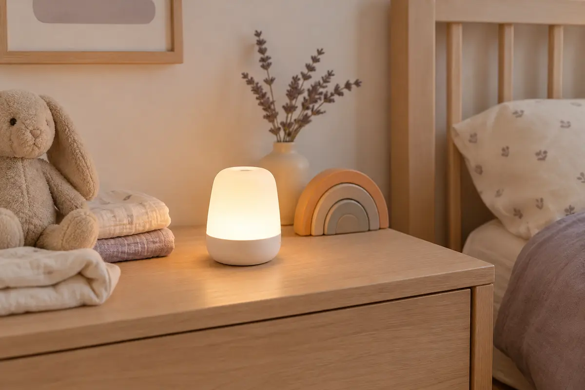 Veilleuse rechargeable blanche à commande tactile posée sur une table de chevet en bois clair