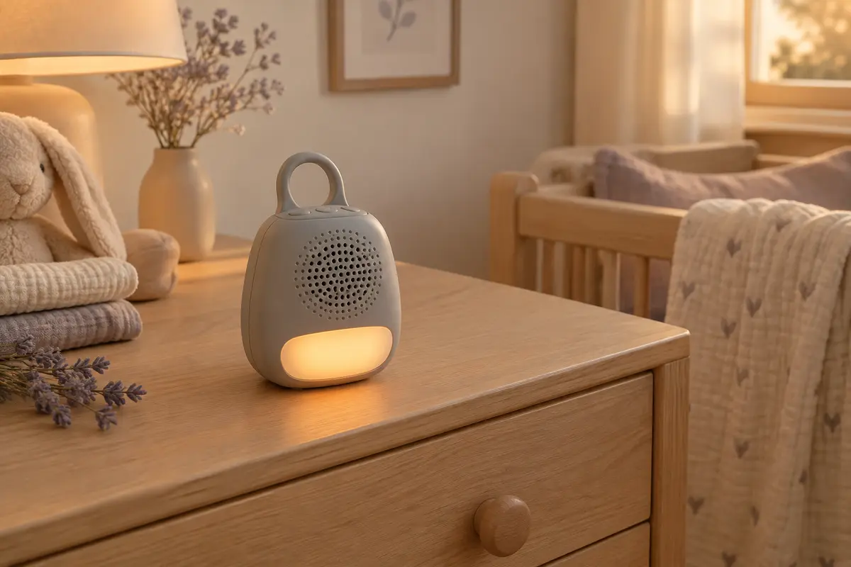 Machine sonore portable grise avec veilleuse ambrée, posée sur une commode en bois clair dans une chambre de bébé.