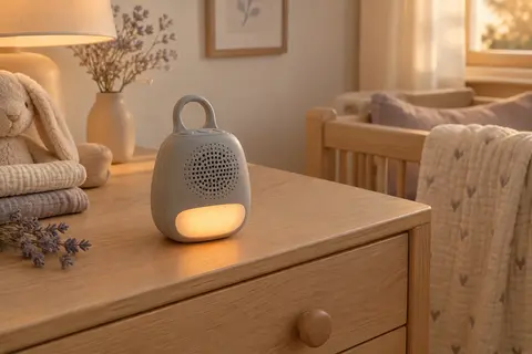 Machine sonore portable grise avec veilleuse ambrée, posée sur une commode en bois clair dans une chambre de bébé.