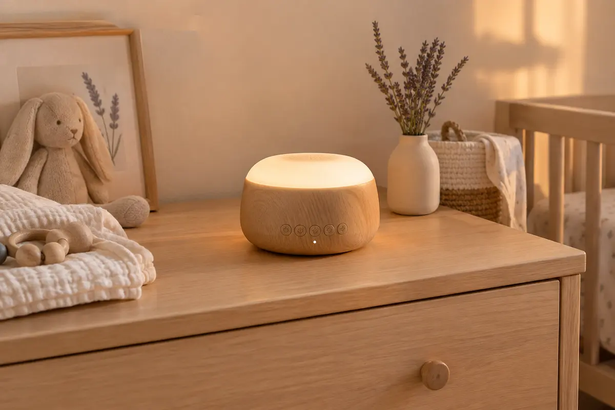 Veilleuse sonore Momcozy au fini grain de bois, posée sur une commode dans une chambre de bébé.