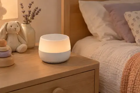 Veilleuse sonore blanche Momcozy posée sur une table en bois clair dans une chambre de bébé lumineuse.