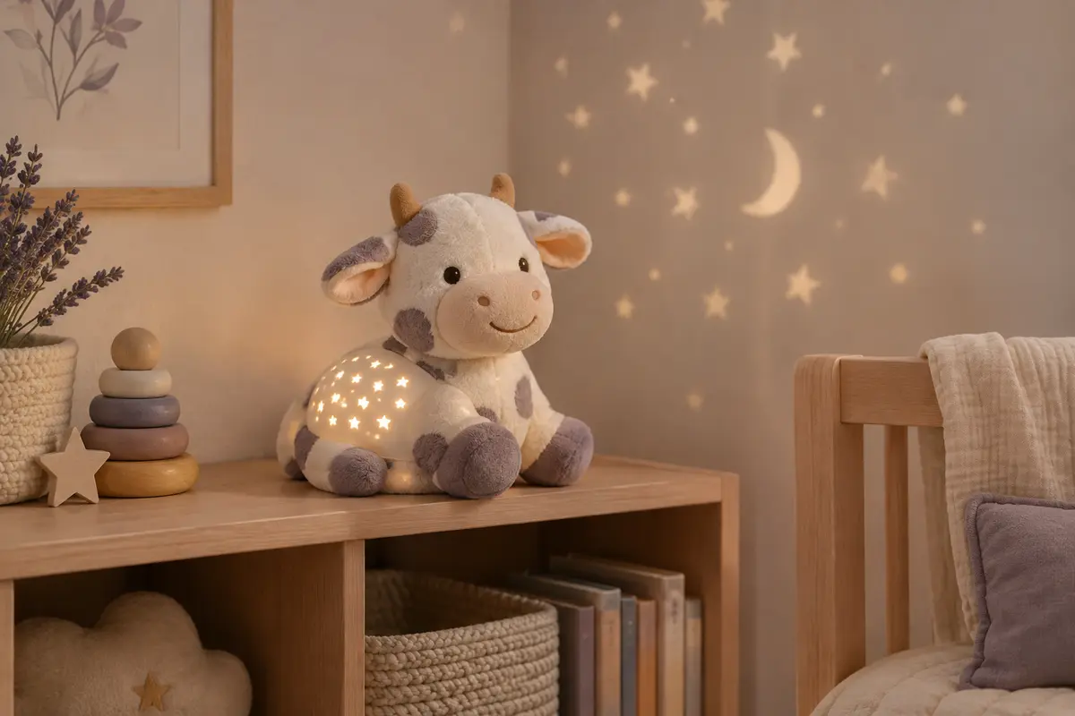 Peluche veilleuse en forme de vache avec projection d’étoiles, dans une chambre de bébé aux tons doux.