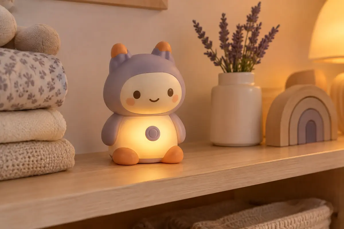 Conteuse T’Choupi multicolore posée dans une chambre de bébé, avec le ventre doucement éclairé