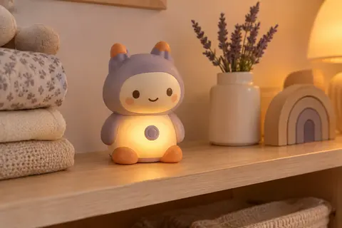 Conteuse T’Choupi multicolore posée dans une chambre de bébé, avec le ventre doucement éclairé