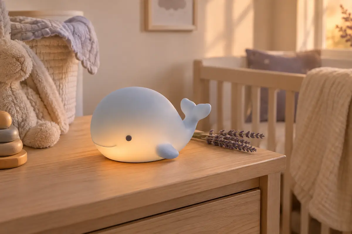 Veilleuse baleine en silicone bleu posée sur une table en bois clair dans une chambre de bébé
