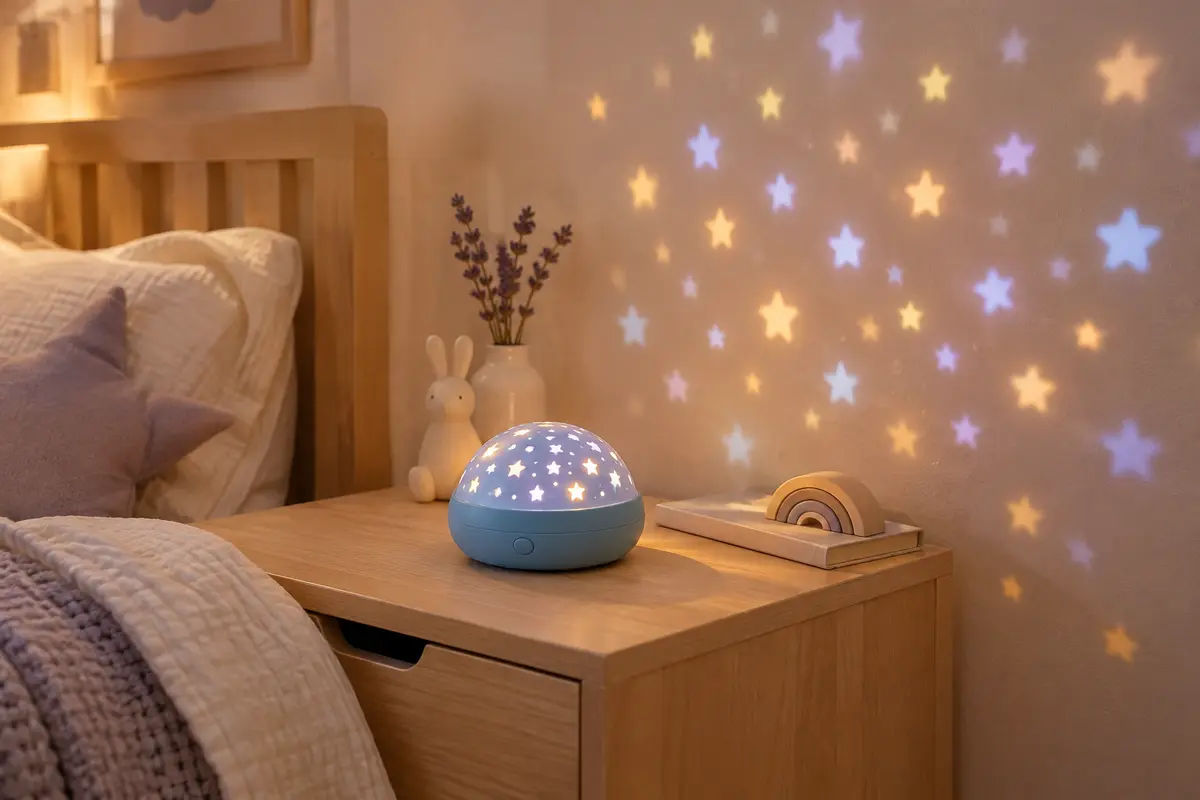 Veilleuse projecteur bleue posée sur une table de chevet, projetant des motifs étoilés sur un mur.