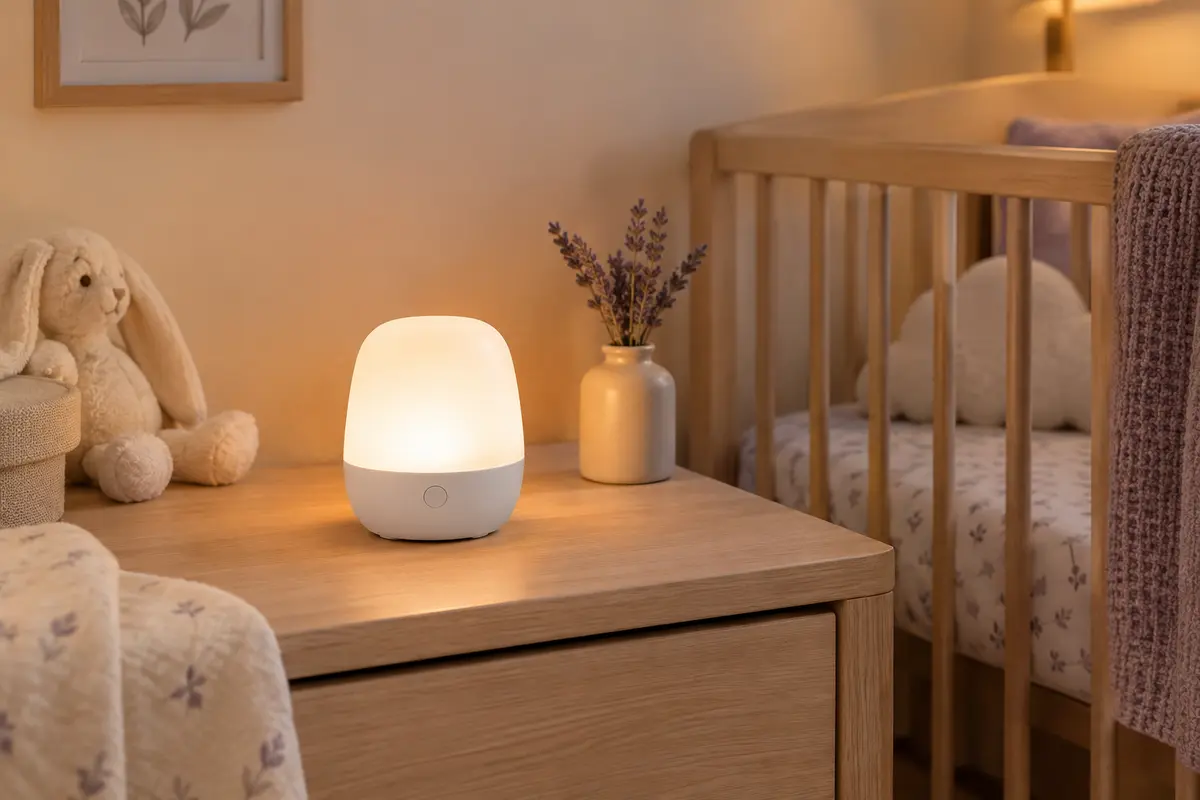 Veilleuse One Fire blanche posée sur une table de chevet en bois clair dans une chambre de bébé