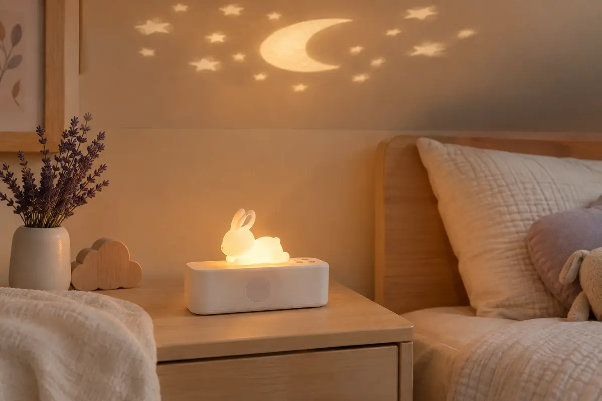 Veilleuse-réveil blanche avec lapin lumineux, posée sur une table de chevet en bois clair dans une chambre de bébé.