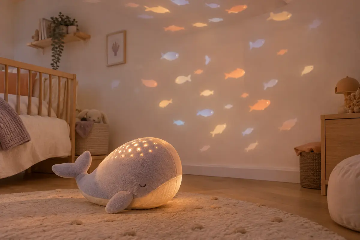 Peluche veilleuse baleine projetant des poissons animés sur le mur d’une chambre de bébé