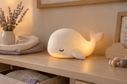 Peluche veilleuse baleine blanche Pabobo posée dans une chambre de bébé à la lumière douce