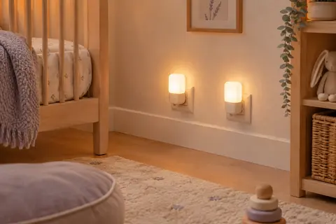 Deux veilleuses LED à prise diffusant une lumière blanc chaud dans une chambre de bébé