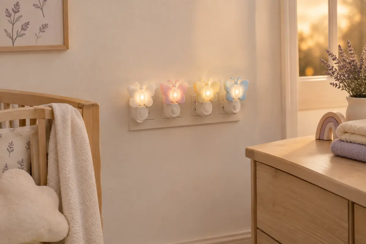 Quatre veilleuses LED à motif papillon dans une chambre de bébé aux tons doux