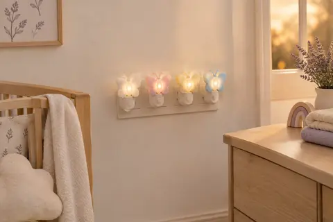 Quatre veilleuses LED à motif papillon dans une chambre de bébé aux tons doux