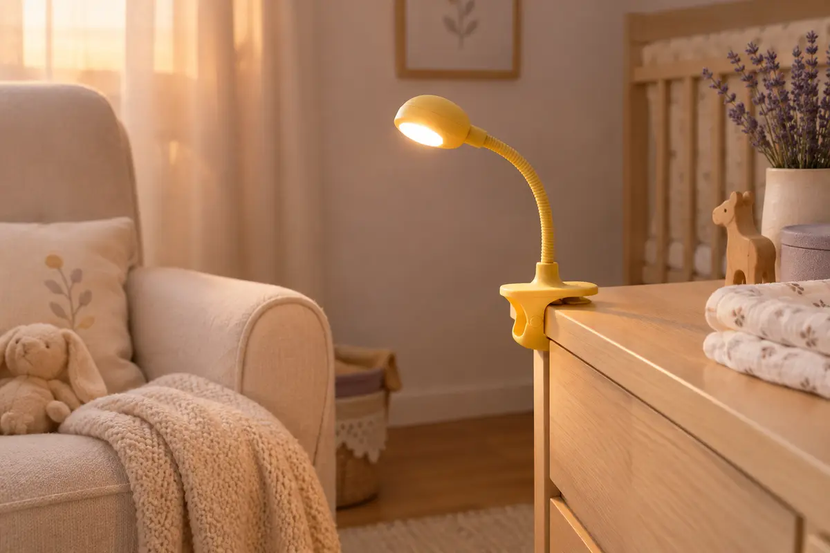 Veilleuse LED jaune à pince et bras flexible fixée à un meuble en bois clair dans une chambre de bébé.