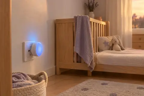 Veilleuse ronde blanche à prise diffusant une lumière bleue douce dans une chambre de bébé