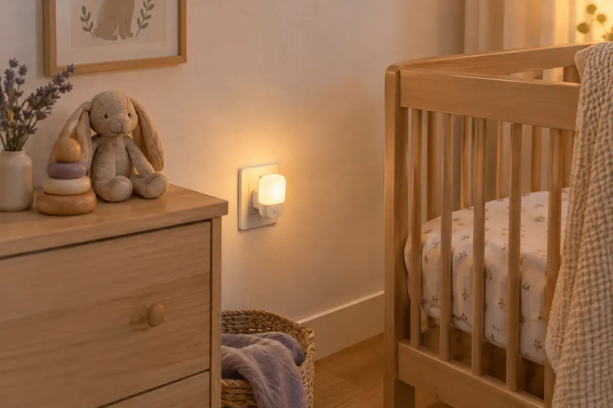 Veilleuse automatique blanche en plastique branchée dans une chambre de bébé au décor doux et épuré