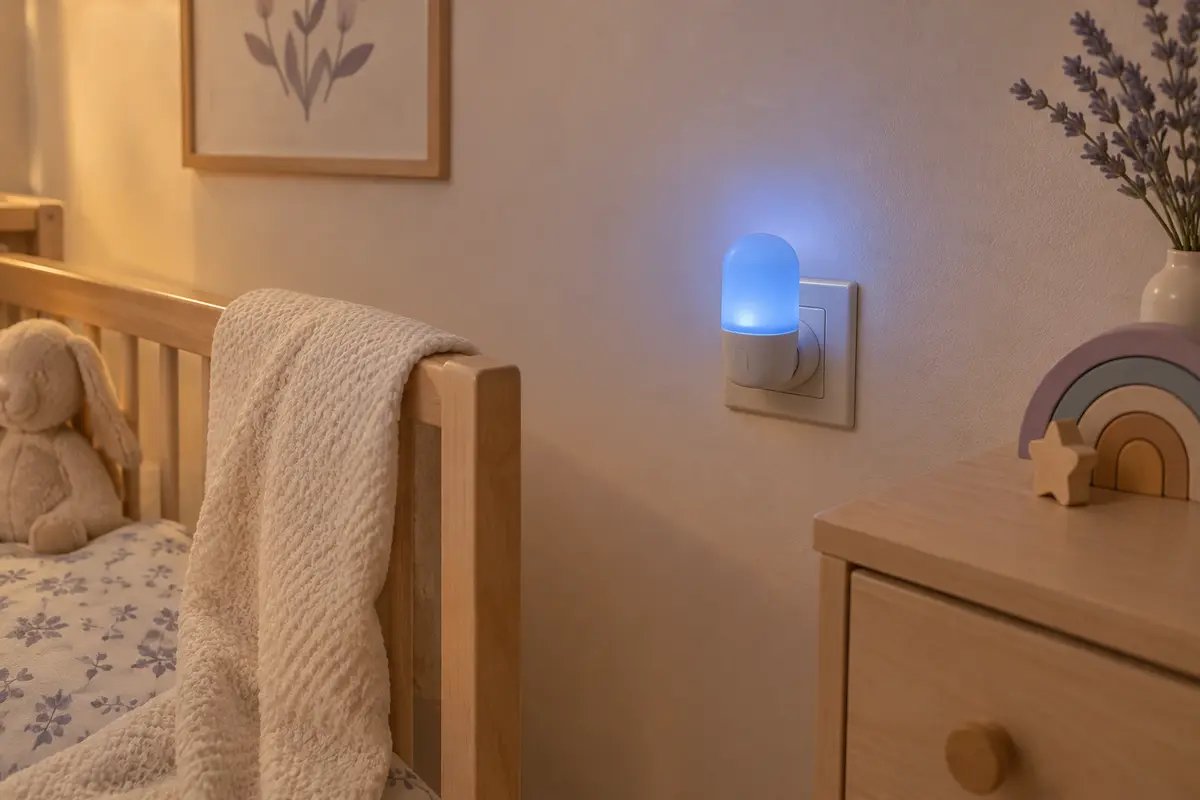 Petite veilleuse bleue branchée dans une chambre de bébé, diffusant une lumière douce près du mur.