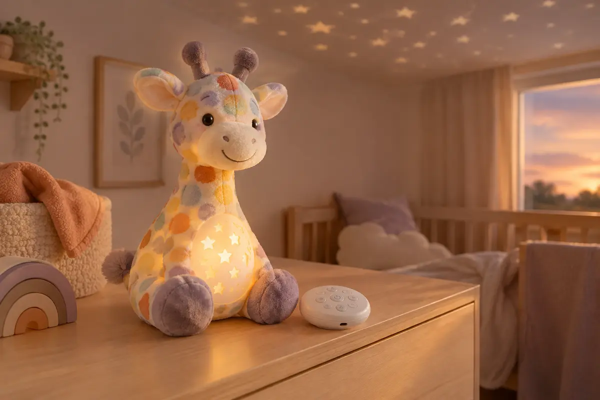 Peluche veilleuse Sophie la Girafe avec boîtier amovible, dans une chambre de bébé aux tons doux.