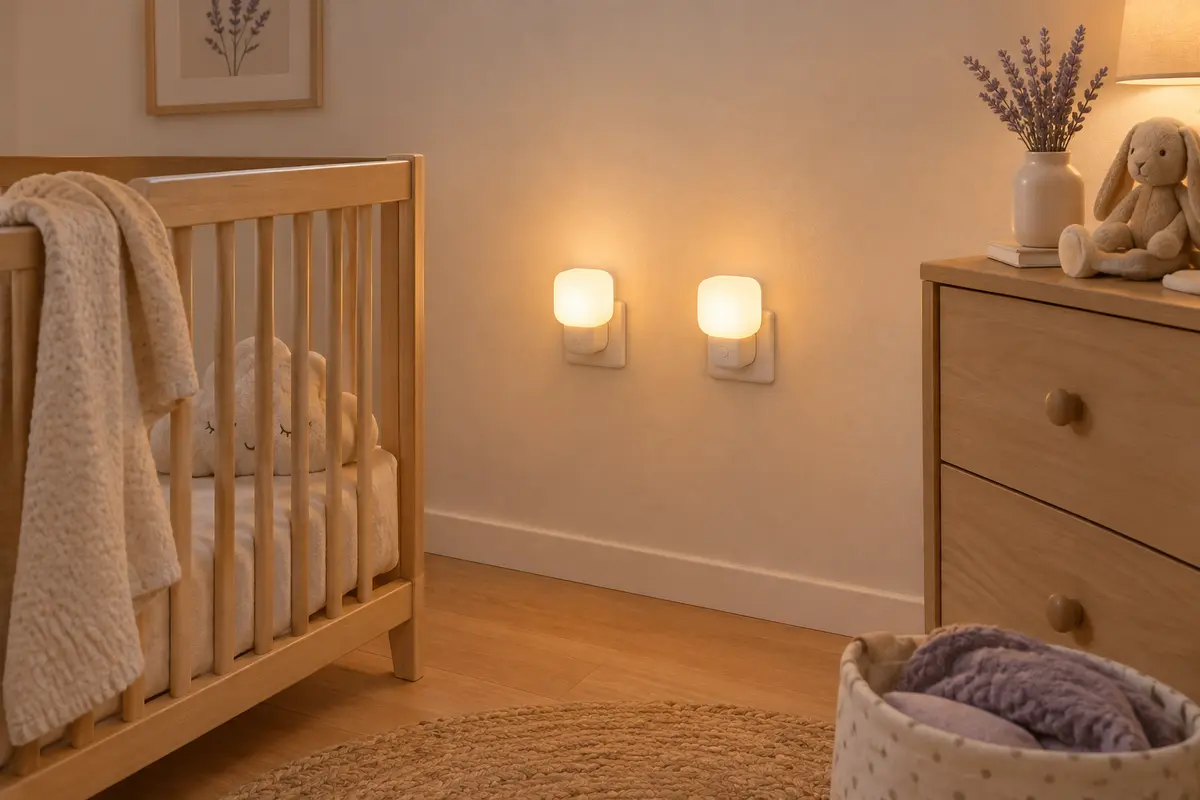 Deux veilleuses murales blanches à lumière chaude dans une chambre de bébé aux tons doux.