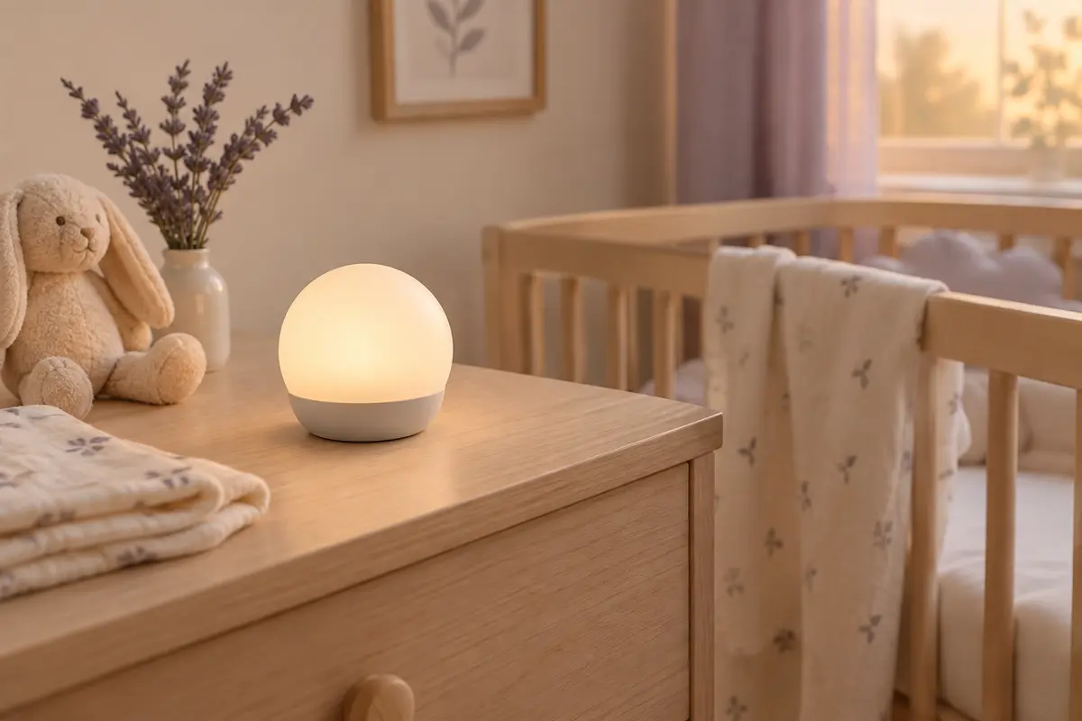 Veilleuse sphérique blanche rechargeable posée sur une table de chevet en bois clair dans une chambre de bébé.