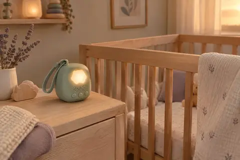 Veilleuse sonore verte Sweety Fox posée près d’un berceau dans une chambre de bébé épurée