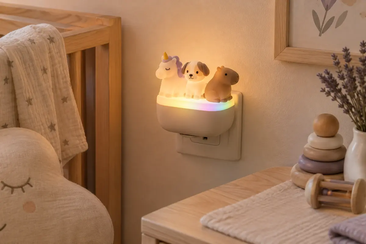 Veilleuse Tedmos branchée au mur avec ses compagnons licorne, chiot et capybara en silicone