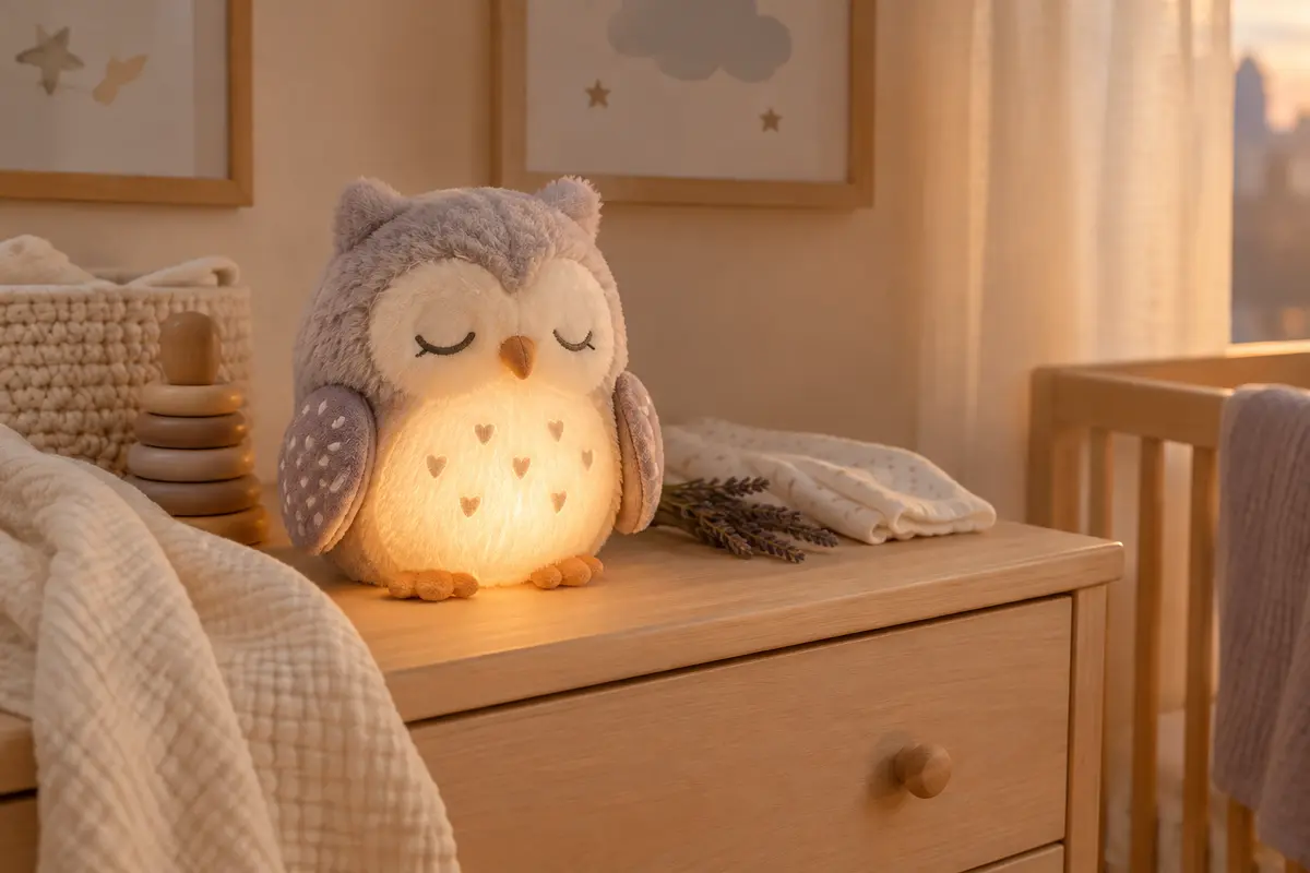Peluche veilleuse en forme de chouette diffusant une lumière douce dans une chambre de bébé épurée.