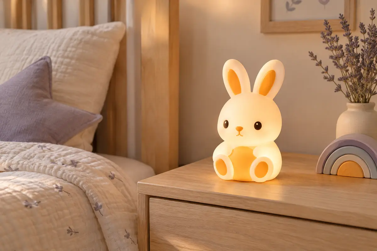Veilleuse musicale en silicone en forme de lapin, posée sur une table de chevet en bois clair.