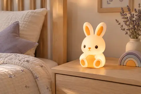 Veilleuse musicale en silicone en forme de lapin, posée sur une table de chevet en bois clair.