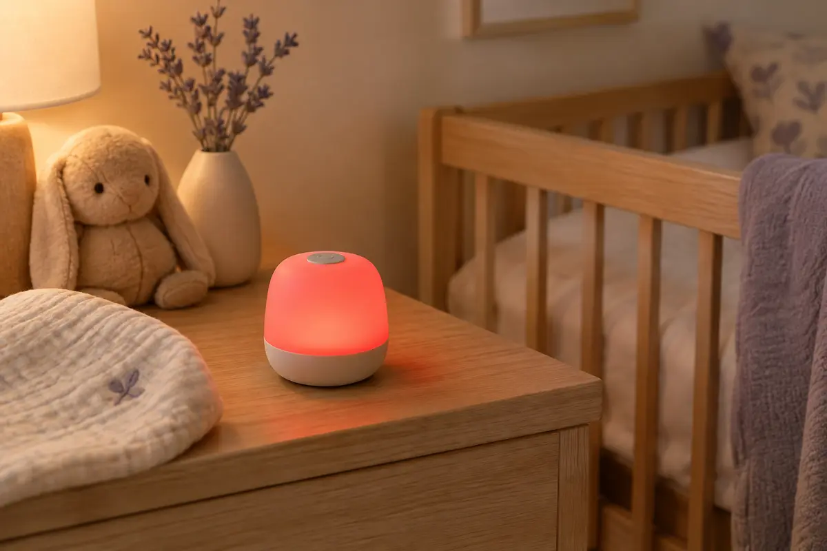 Veilleuse compacte à lumière rouge posée sur une table de chevet en bois clair dans une chambre de bébé