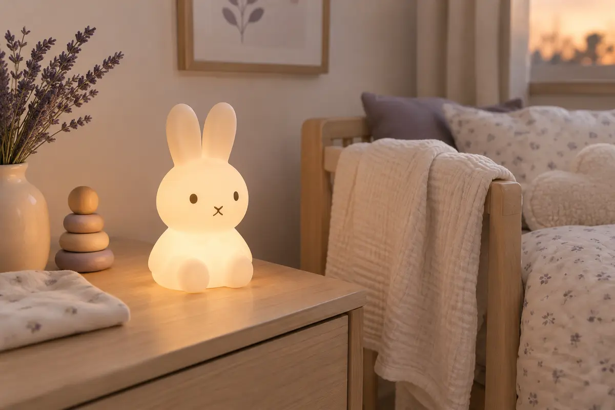 Veilleuse lapin blanche en silicone, allumée sur une table de chevet en bois clair dans une chambre douce.