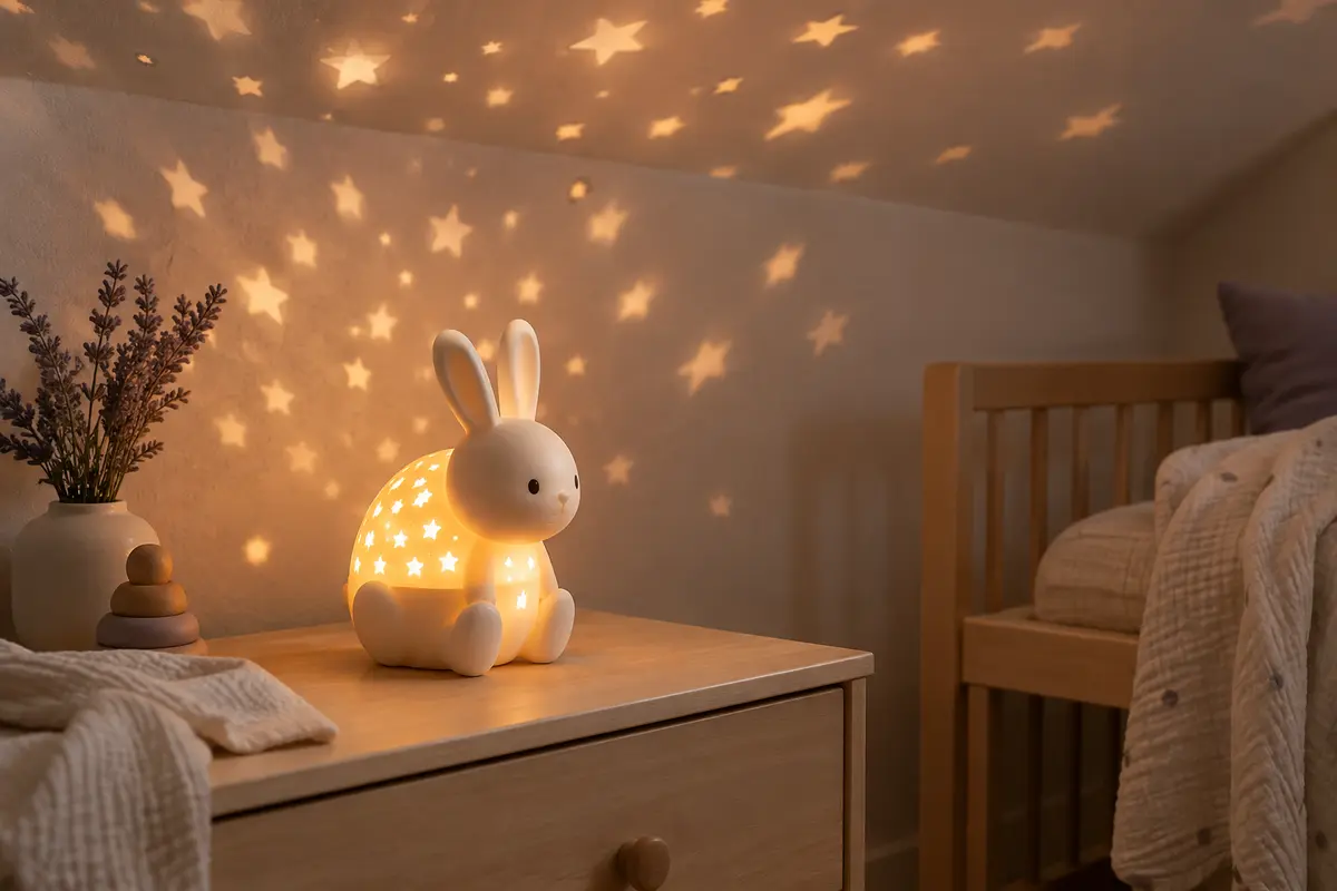 Veilleuse projecteur en forme de lapin posée sur une table de chevet, motifs lumineux au plafond
