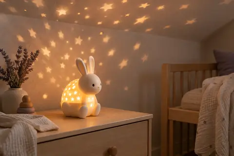 Veilleuse projecteur en forme de lapin posée sur une table de chevet, motifs lumineux au plafond