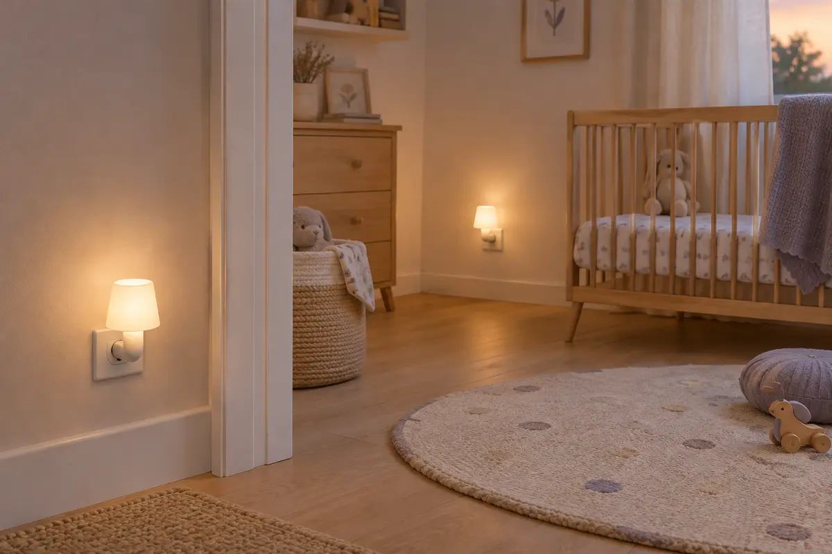 Deux veilleuses LED blanches à brancher diffusent une lumière chaude dans une chambre de bébé épurée.