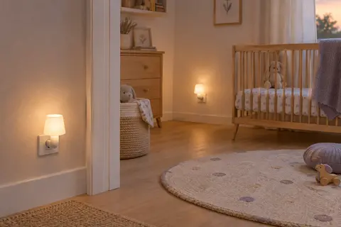 Deux veilleuses LED blanches à brancher diffusent une lumière chaude dans une chambre de bébé épurée.